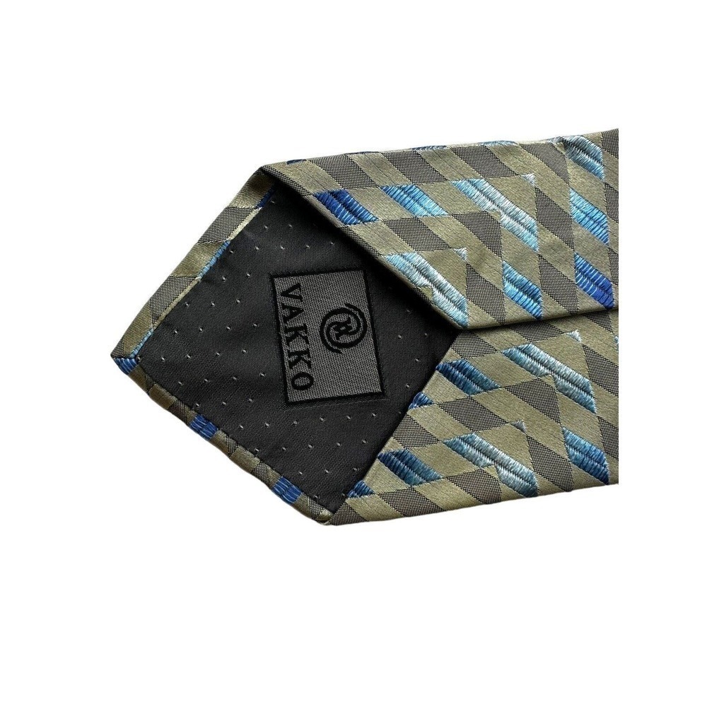 Vakko 100% Silk Mens Tie Geometric Iridescent Woven Classy Formal Beige Blue - Picture 5 of 5